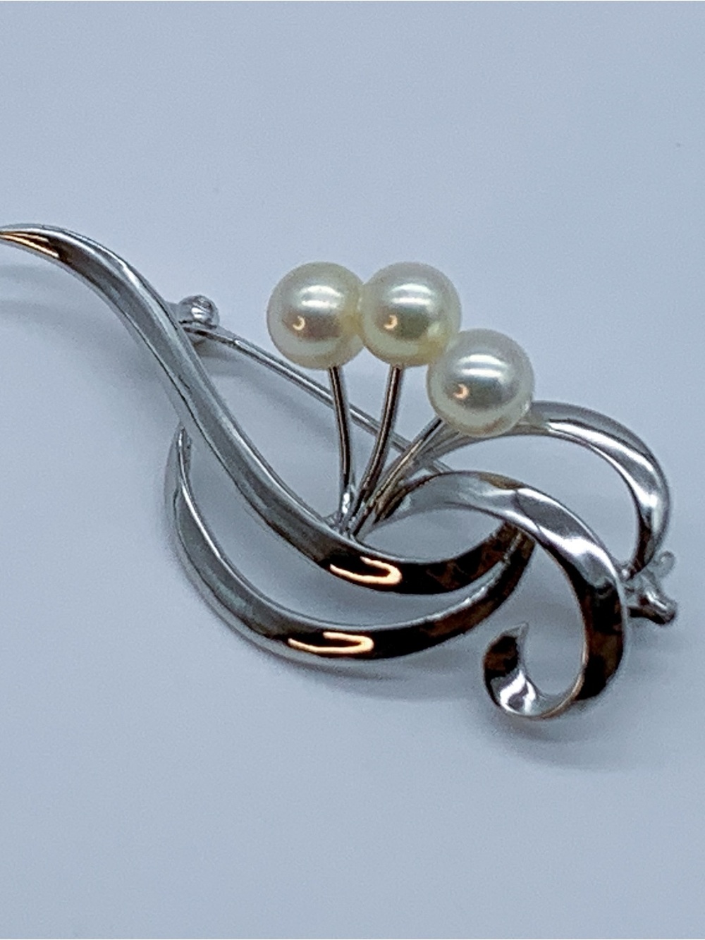 Mikimoto Three Cultured Pearl Accent Silver Brooch